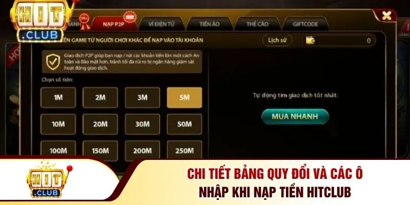 Chi tiết bảng quy đổi và các ô nhập khi nạp tiền Hitclub